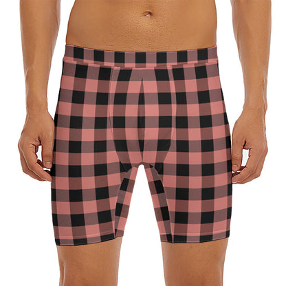 Coral Pink And Black Buffalo Check Print Men's Long Boxer Briefs
