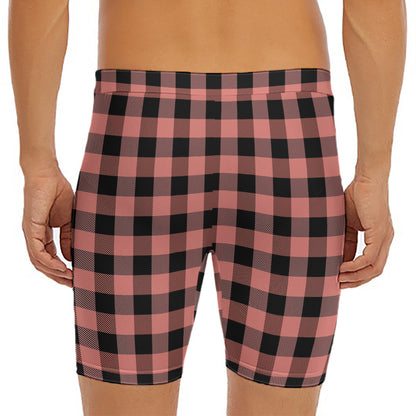 Coral Pink And Black Buffalo Check Print Men's Long Boxer Briefs