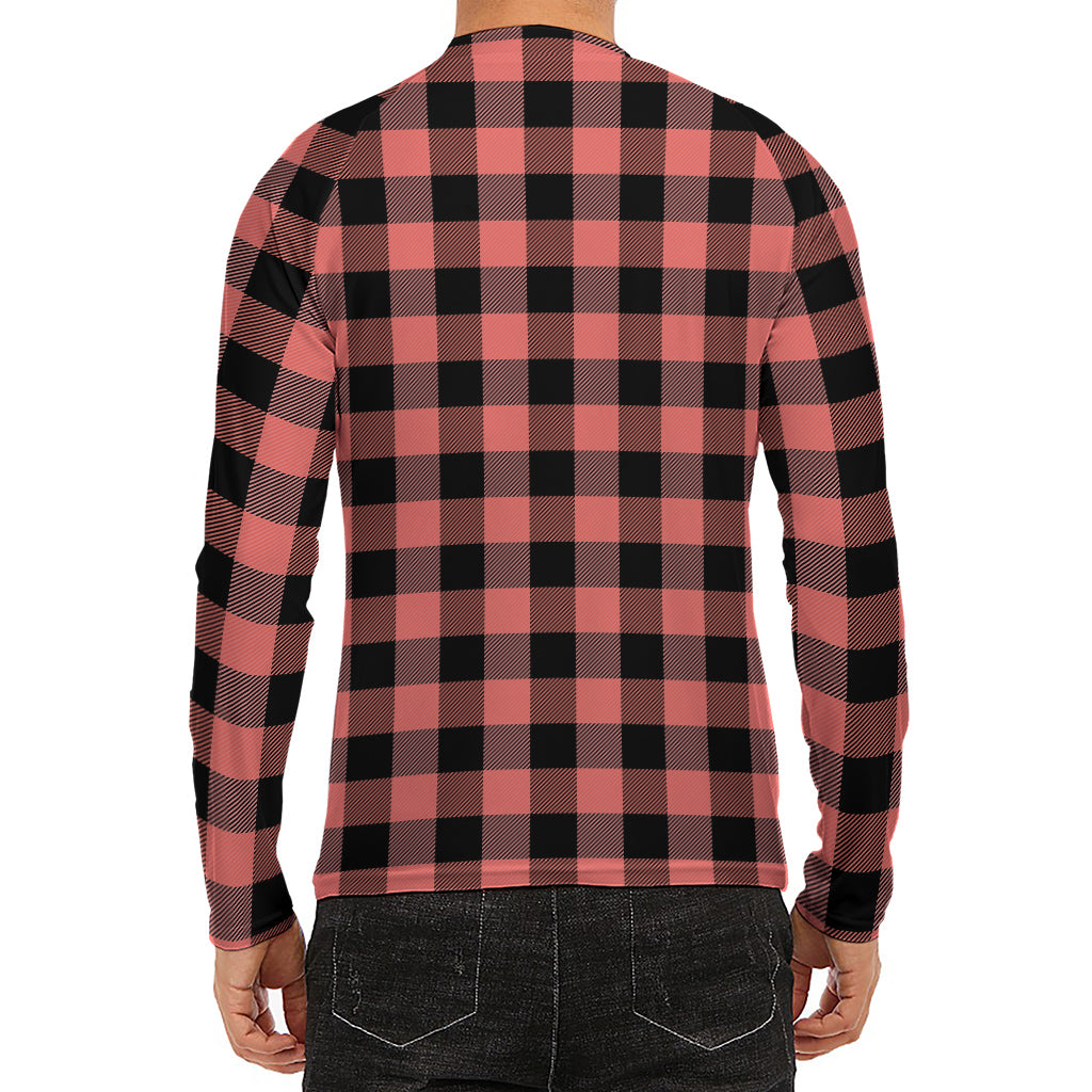 Coral Pink And Black Buffalo Check Print Men's Long Sleeve Rash Guard
