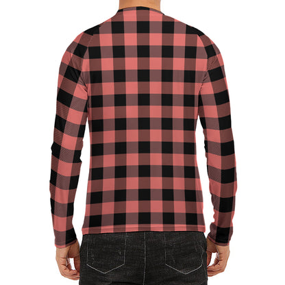 Coral Pink And Black Buffalo Check Print Men's Long Sleeve Rash Guard