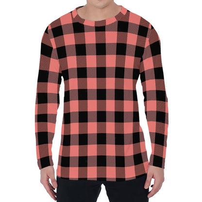 Coral Pink And Black Buffalo Check Print Men's Long Sleeve T-Shirt