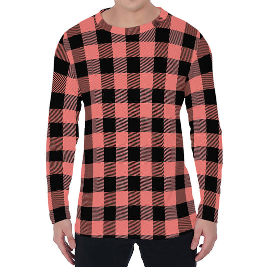 Coral Pink And Black Buffalo Check Print Men's Long Sleeve T-Shirt