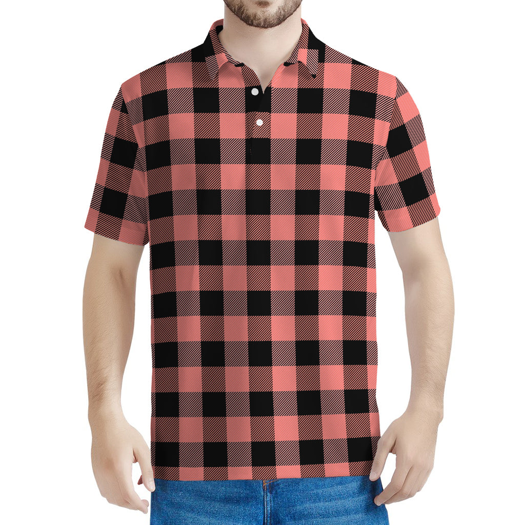 Coral Pink And Black Buffalo Check Print Men's Polo Shirt