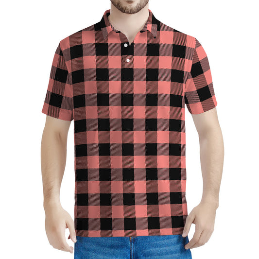 Coral Pink And Black Buffalo Check Print Men's Polo Shirt