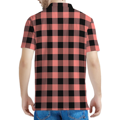 Coral Pink And Black Buffalo Check Print Men's Polo Shirt