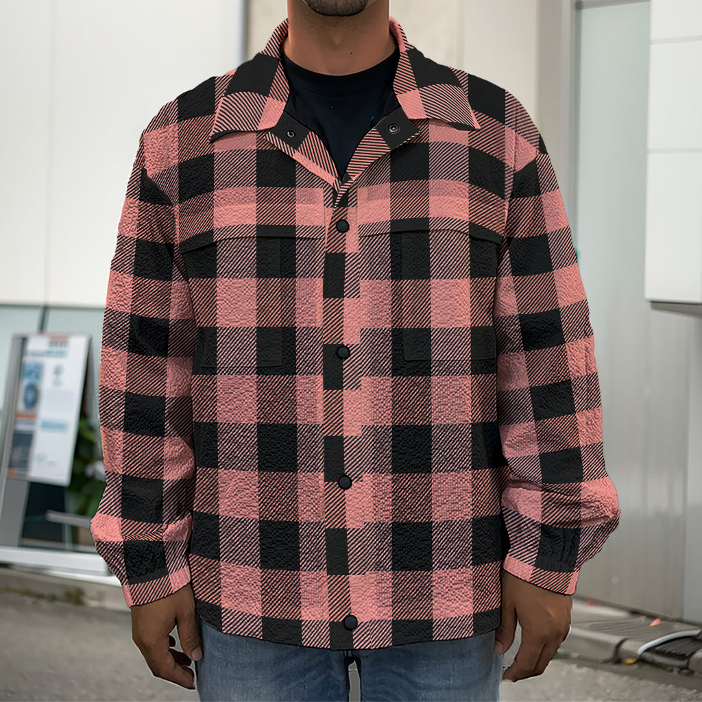 Coral Pink And Black Buffalo Check Print Men's Shirt Jacket