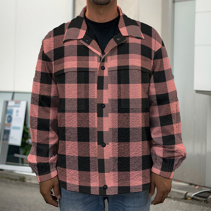 Coral Pink And Black Buffalo Check Print Men's Shirt Jacket