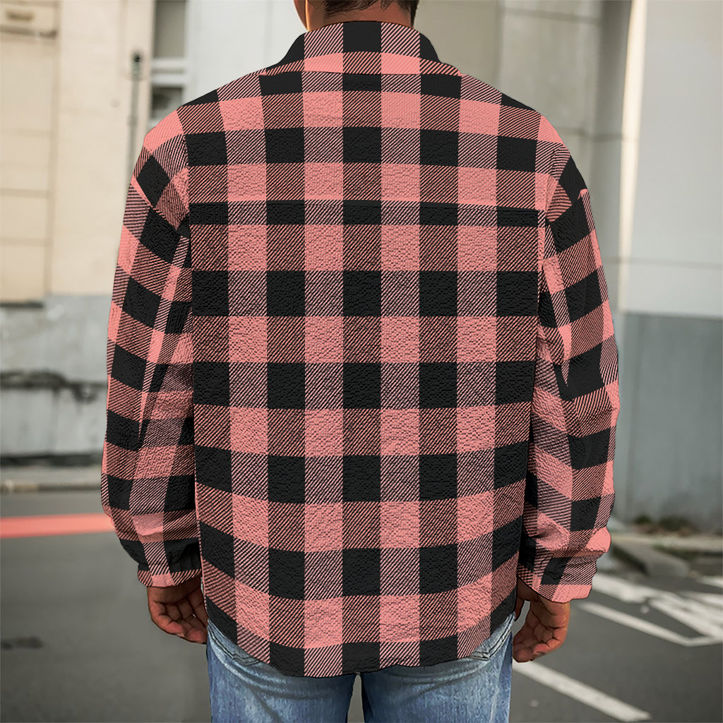 Coral Pink And Black Buffalo Check Print Men's Shirt Jacket