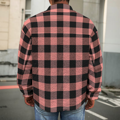 Coral Pink And Black Buffalo Check Print Men's Shirt Jacket