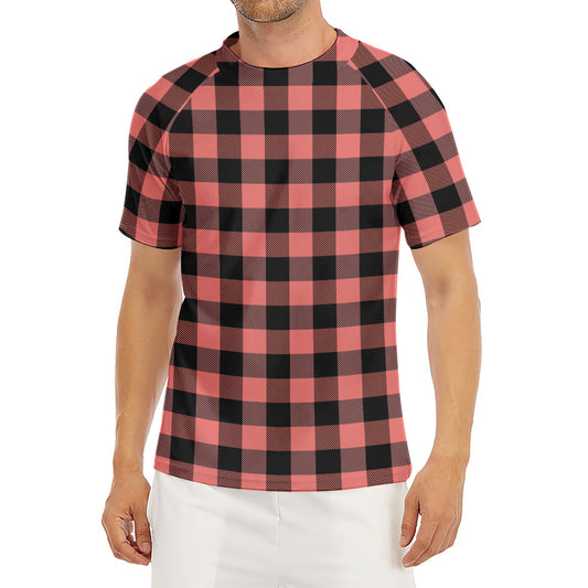 Coral Pink And Black Buffalo Check Print Men's Short Sleeve Rash Guard