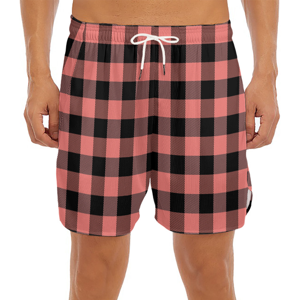 Coral Pink And Black Buffalo Check Print Men's Split Running Shorts