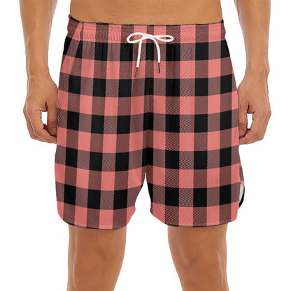 Coral Pink And Black Buffalo Check Print Men's Split Running Shorts