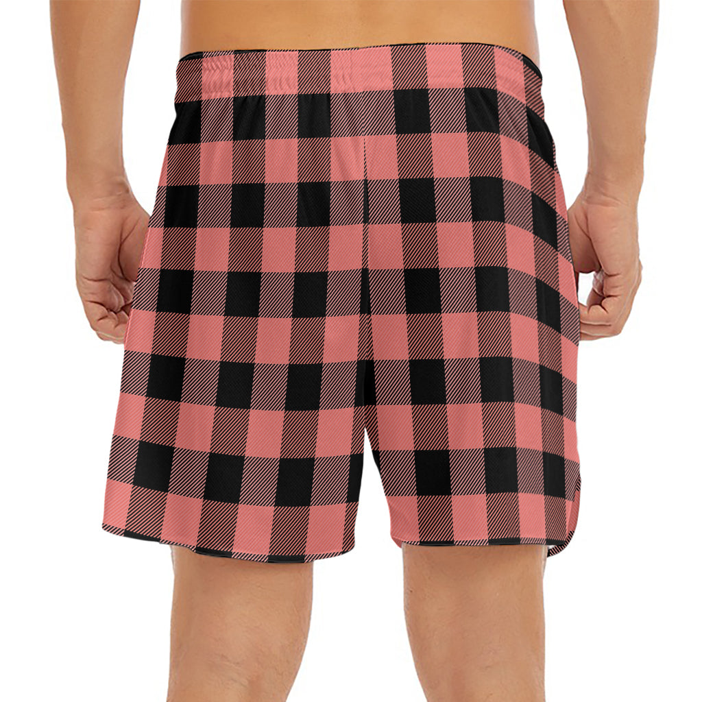 Coral Pink And Black Buffalo Check Print Men's Split Running Shorts