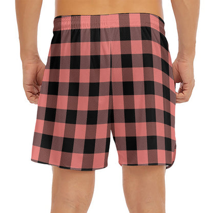 Coral Pink And Black Buffalo Check Print Men's Split Running Shorts