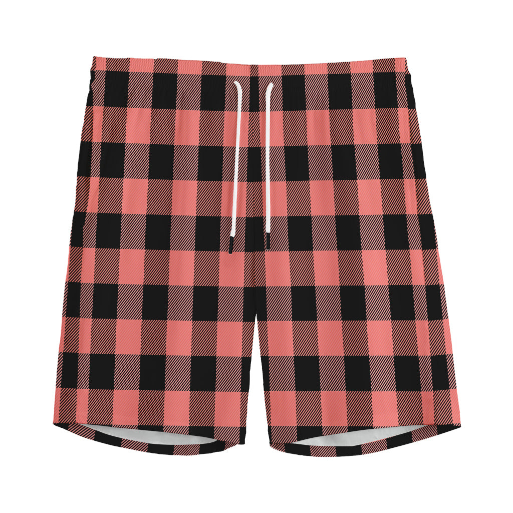 Coral Pink And Black Buffalo Check Print Men's Sports Shorts