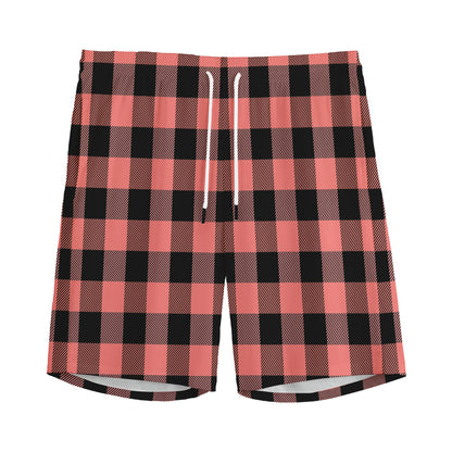 Coral Pink And Black Buffalo Check Print Men's Sports Shorts