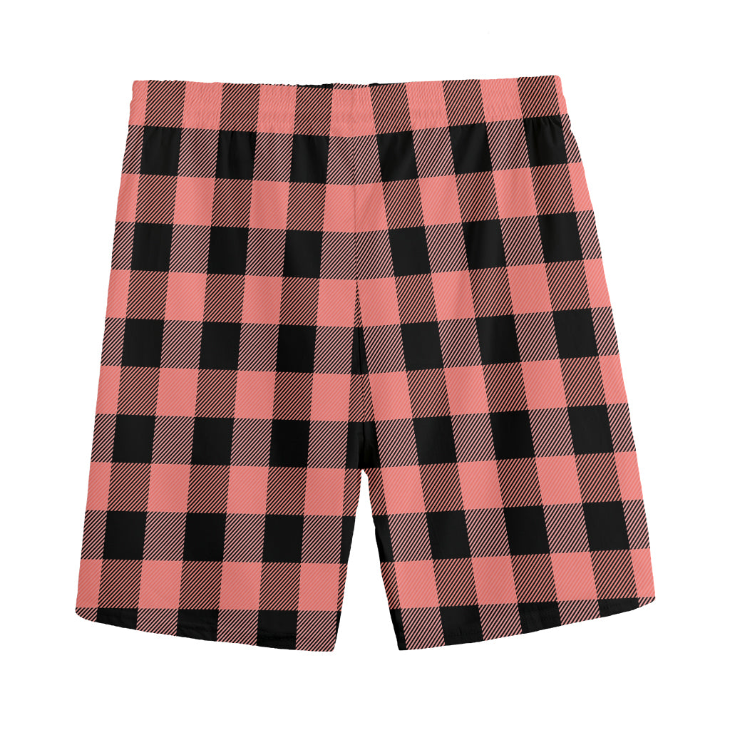 Coral Pink And Black Buffalo Check Print Men's Sports Shorts