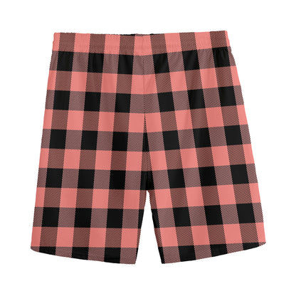 Coral Pink And Black Buffalo Check Print Men's Sports Shorts