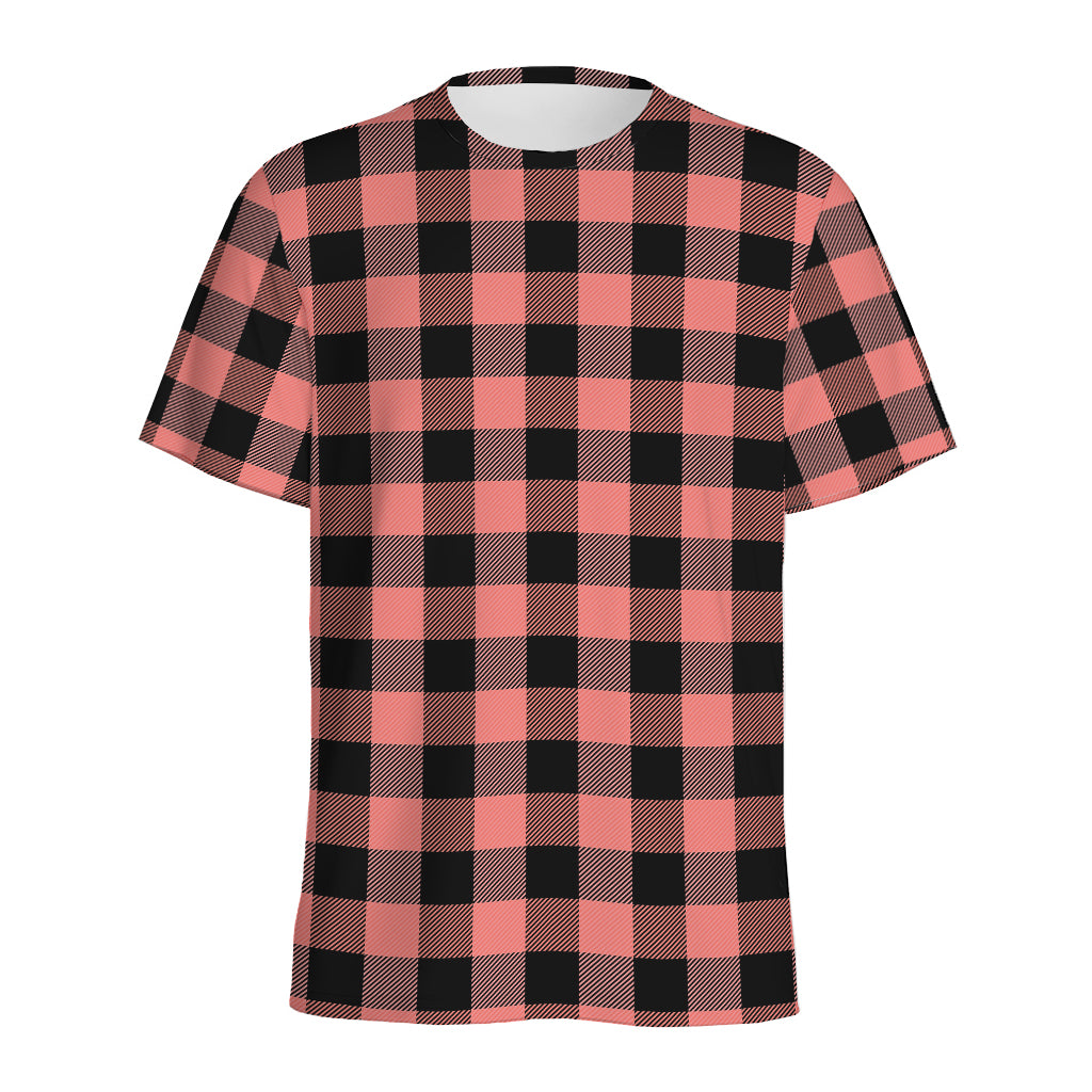 Coral Pink And Black Buffalo Check Print Men's Sports T-Shirt
