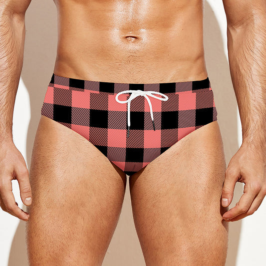 Coral Pink And Black Buffalo Check Print Men's Swim Briefs