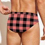 Coral Pink And Black Buffalo Check Print Men's Swim Briefs