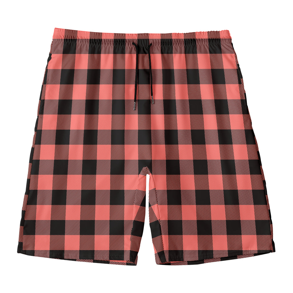 Coral Pink And Black Buffalo Check Print Men's Swim Trunks