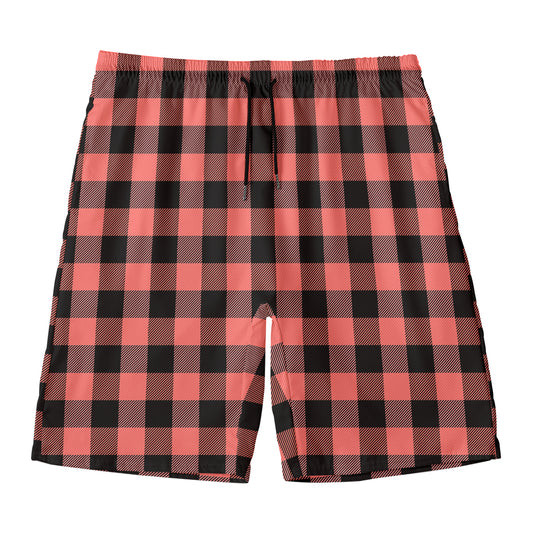 Coral Pink And Black Buffalo Check Print Men's Swim Trunks