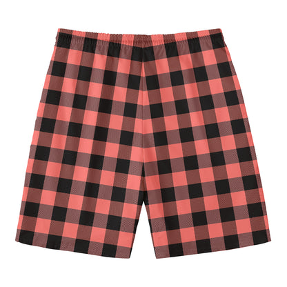 Coral Pink And Black Buffalo Check Print Men's Swim Trunks