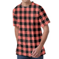 Coral Pink And Black Buffalo Check Print Men's Velvet T-Shirt