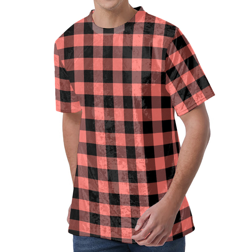 Coral Pink And Black Buffalo Check Print Men's Velvet T-Shirt