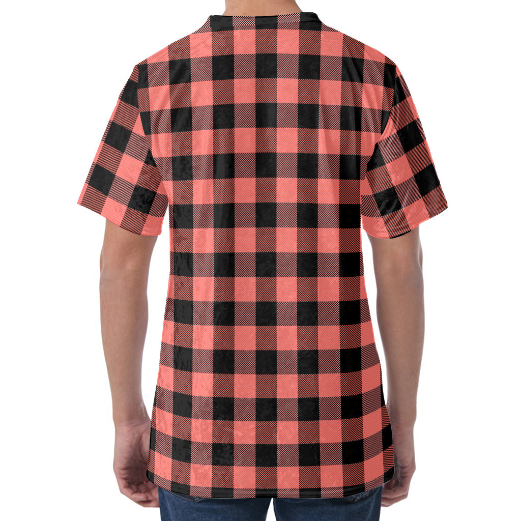 Coral Pink And Black Buffalo Check Print Men's Velvet T-Shirt