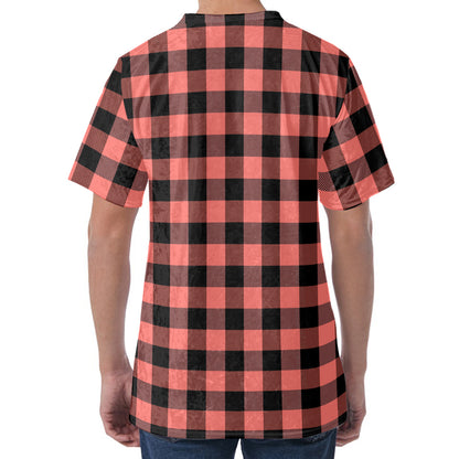 Coral Pink And Black Buffalo Check Print Men's Velvet T-Shirt