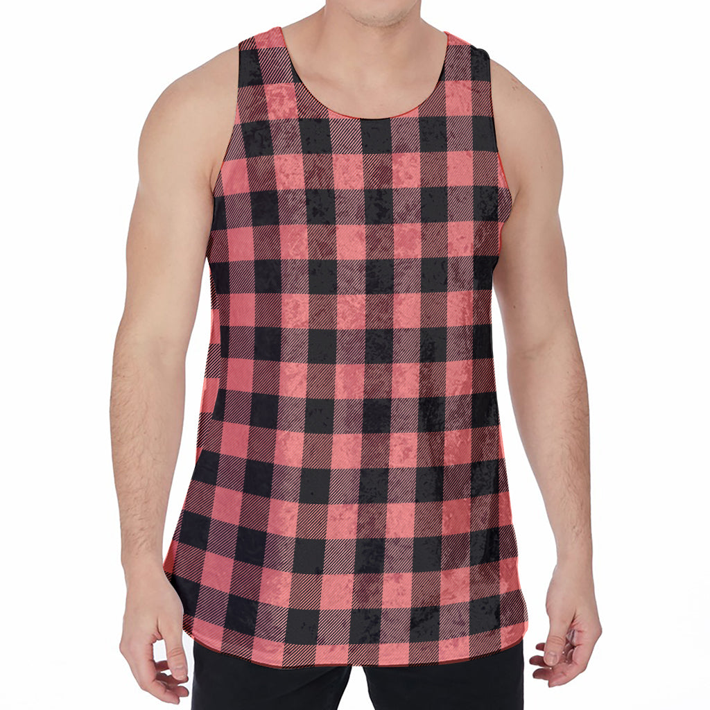 Coral Pink And Black Buffalo Check Print Men's Velvet Tank Top