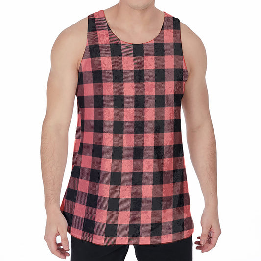 Coral Pink And Black Buffalo Check Print Men's Velvet Tank Top