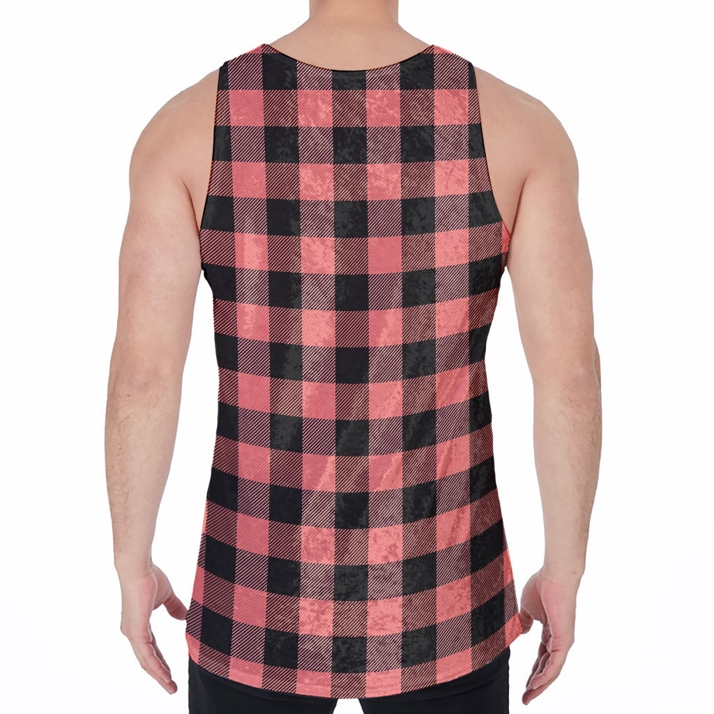 Coral Pink And Black Buffalo Check Print Men's Velvet Tank Top