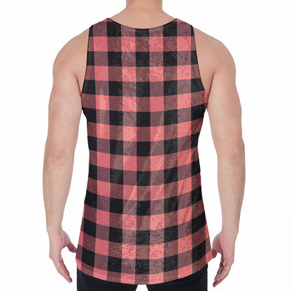 Coral Pink And Black Buffalo Check Print Men's Velvet Tank Top