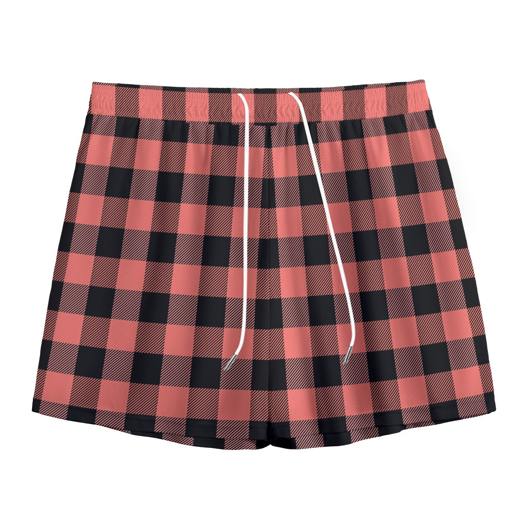 Coral Pink And Black Buffalo Check Print Mesh Shorts
