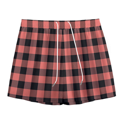Coral Pink And Black Buffalo Check Print Mesh Shorts