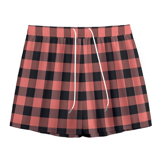 Coral Pink And Black Buffalo Check Print Mesh Shorts