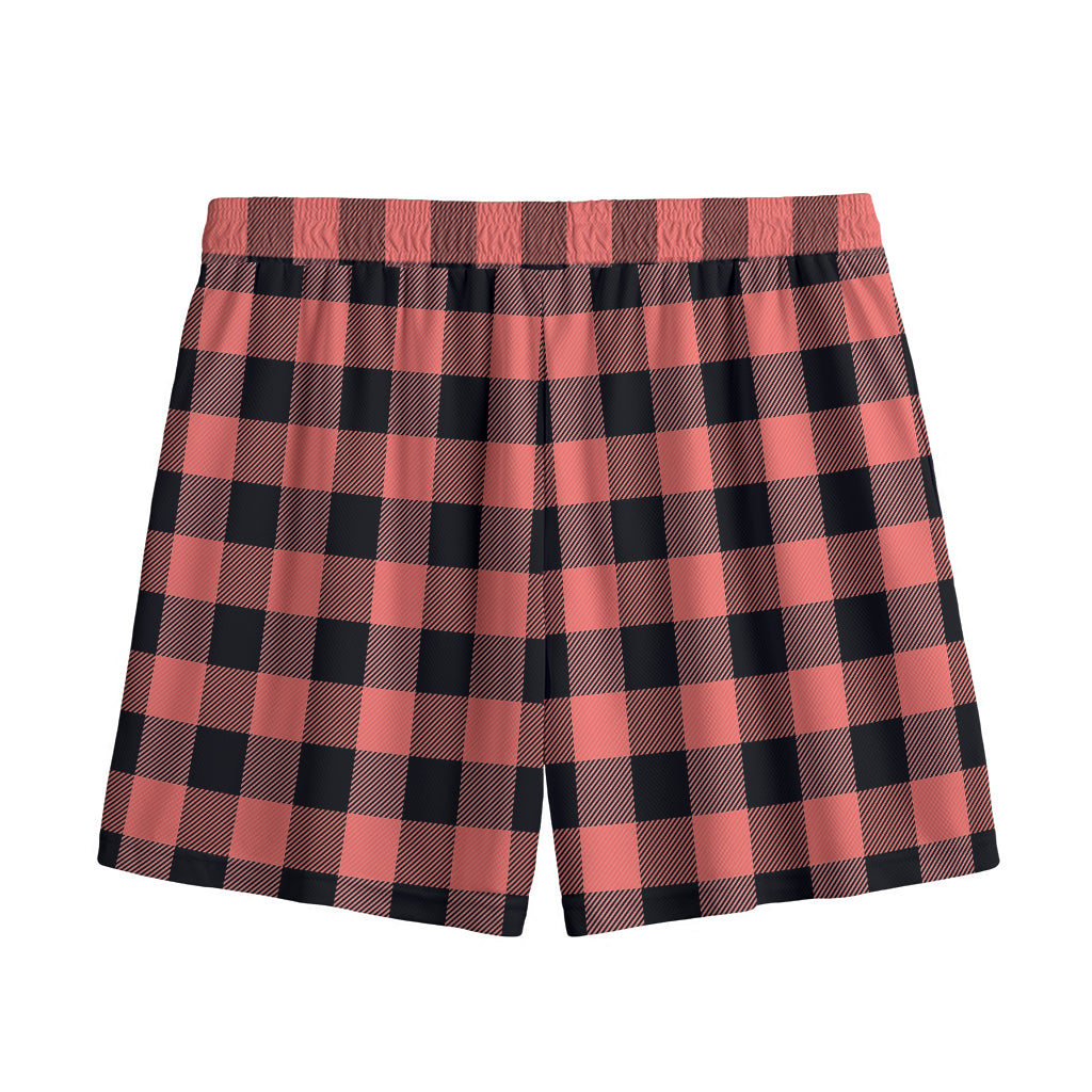 Coral Pink And Black Buffalo Check Print Mesh Shorts