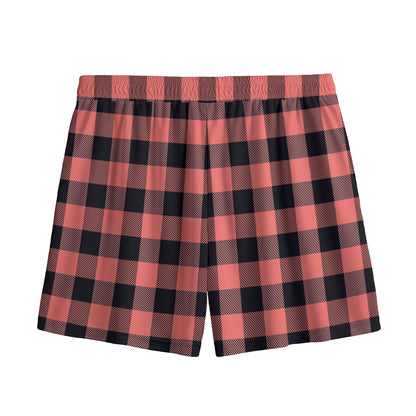 Coral Pink And Black Buffalo Check Print Mesh Shorts