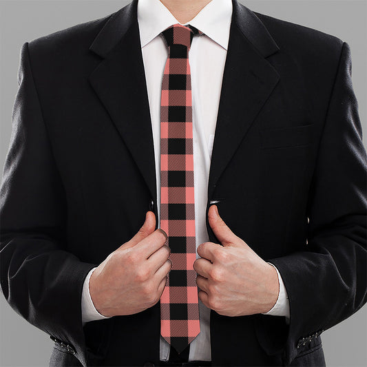 Coral Pink And Black Buffalo Check Print Necktie