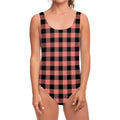 Coral Pink And Black Buffalo Check Print One Piece Swimsuit