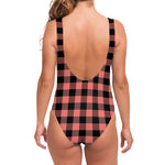 Coral Pink And Black Buffalo Check Print One Piece Swimsuit