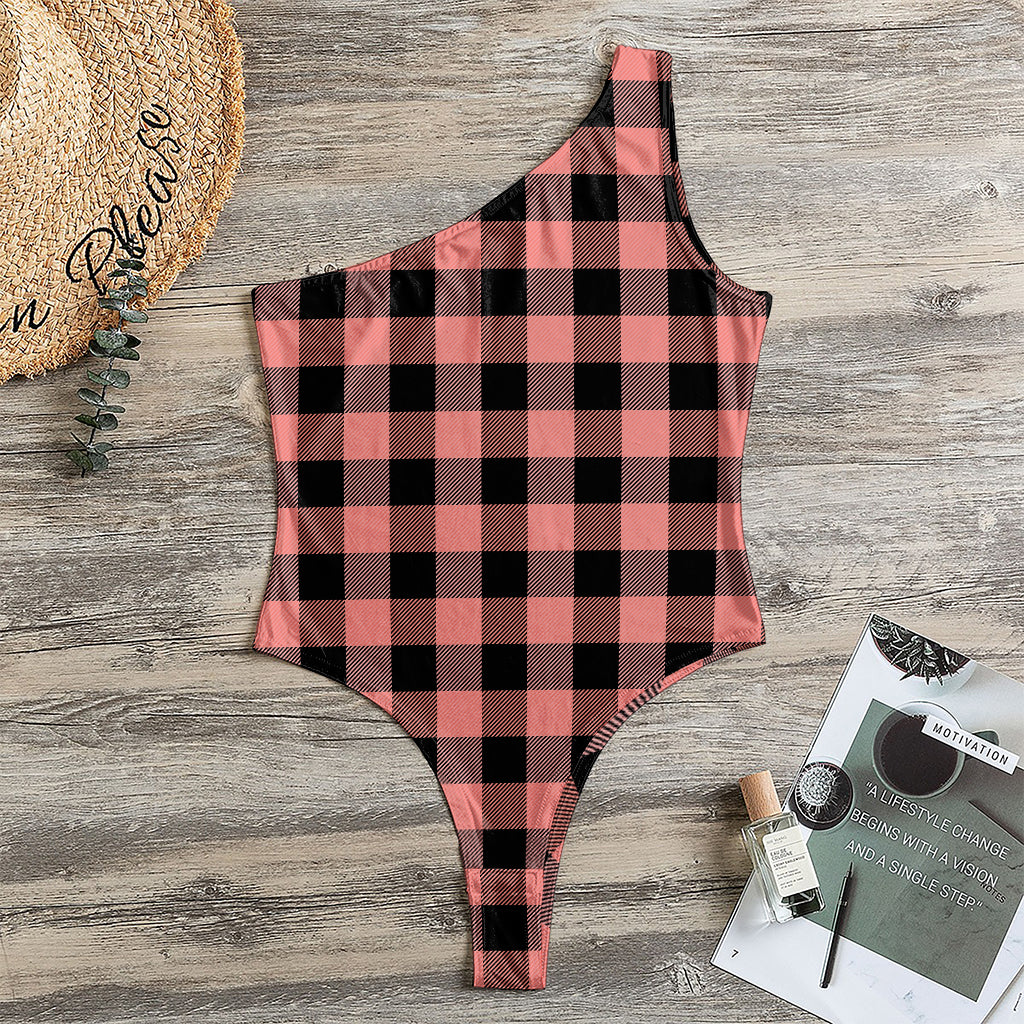 Coral Pink And Black Buffalo Check Print One Shoulder Bodysuit