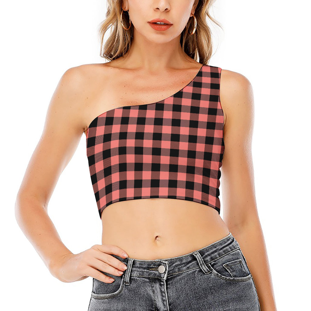 Coral Pink And Black Buffalo Check Print One Shoulder Crop Top