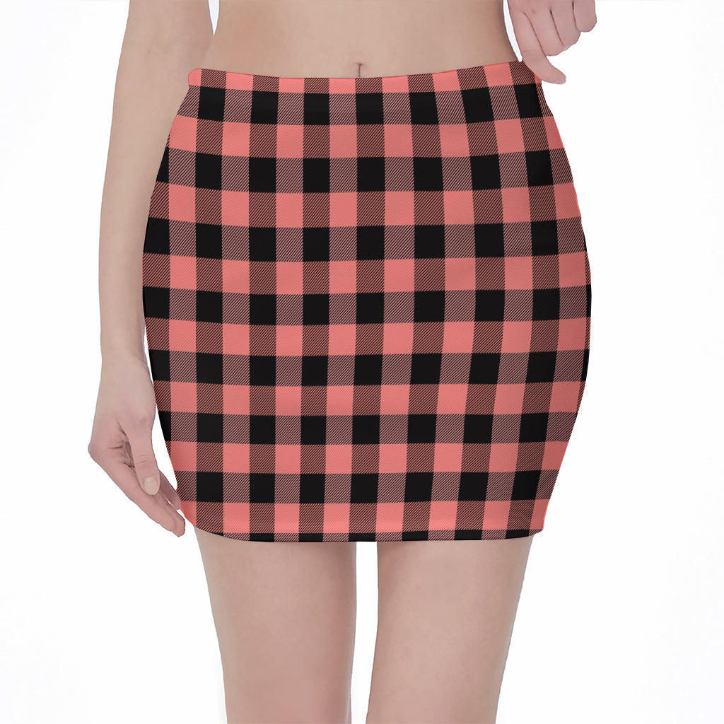 Coral Pink And Black Buffalo Check Print Pencil Mini Skirt