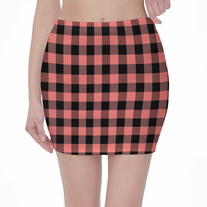 Coral Pink And Black Buffalo Check Print Pencil Mini Skirt