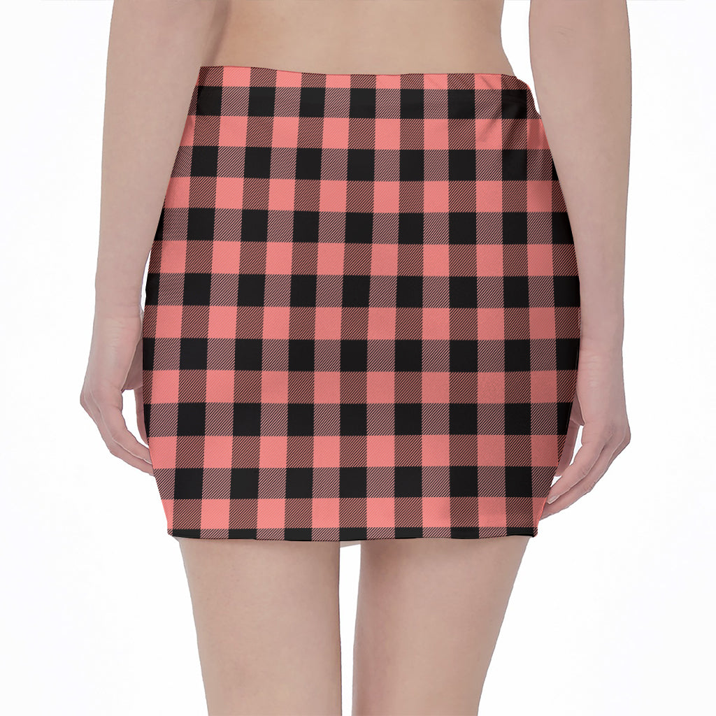 Coral Pink And Black Buffalo Check Print Pencil Mini Skirt