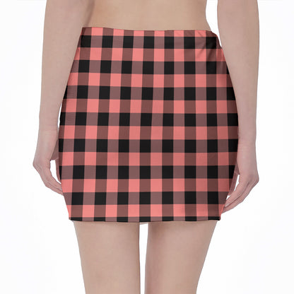 Coral Pink And Black Buffalo Check Print Pencil Mini Skirt